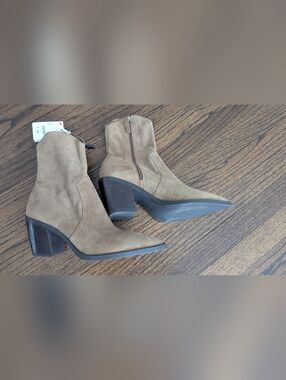 Zara Taupe Suede Pointed Toe Block Heel Ankle Boots